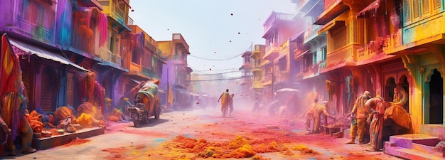 Die Straße ist mit farbenfrohen Holi-Farbstoffen besprüht.