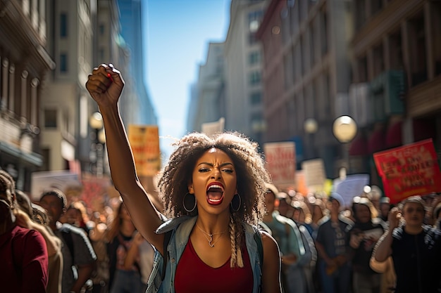 Die Straßen der Stadt während einer dynamischen Protestversammlung