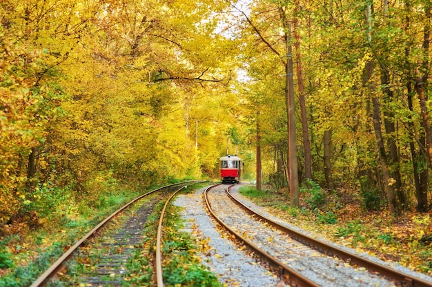 Die Straßenbahn mit Passagieren fährt am frühen Morgen von der Bushaltestelle in der Stadt ab