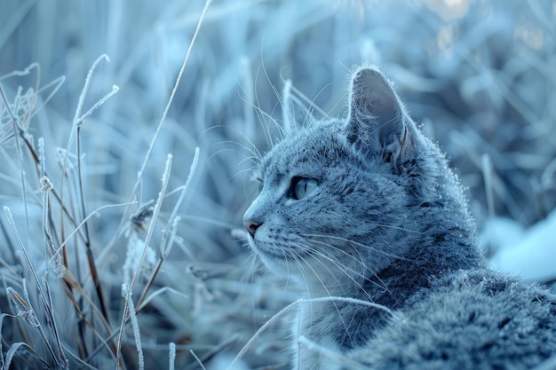 Foto die streunende katze im winter, gefroren in der zeit, gefangen genommen vom silbernen frost, roh und ungezähmt.