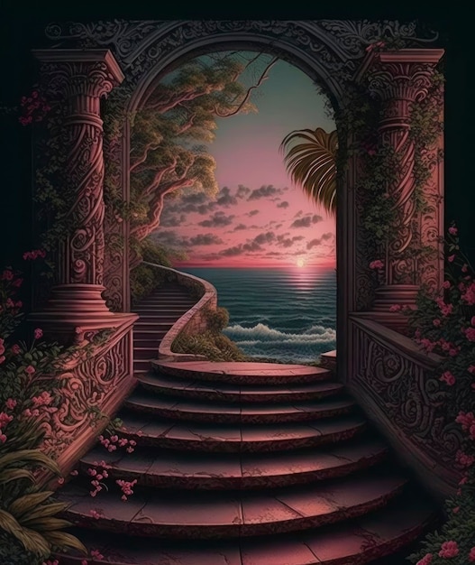 Die Stufen, die bei Sonnenuntergang zum Eingang führen, im Stil dekorativer Hintergründe