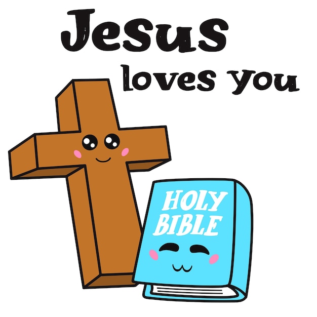 Die süße Bibel und das Kreuz Jesu Christi stehen vor uns und lächeln