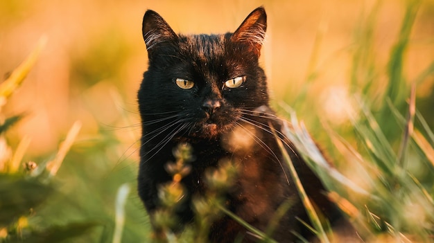 Die süße Freundin Katze sitzt auf dem grünen Gras in einem sonnigen Sommergarten