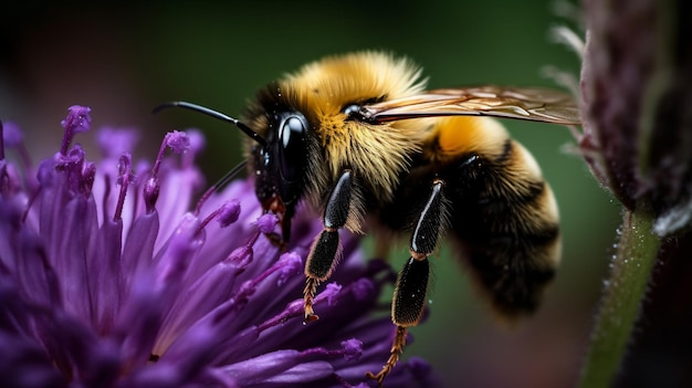 Die summende Schönheit der Arafed-Biene sitzt auf einer leuchtend violetten Blume mit auffälligen schwarzen und gelben Streifen, aufgenommen mit GenerativeAI
