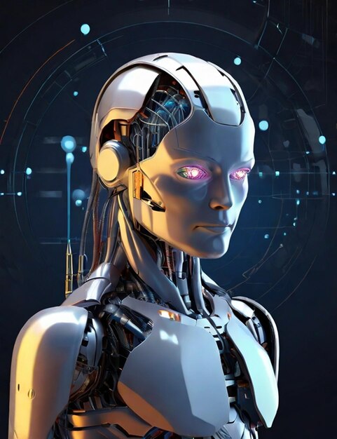 Die Synergie von Vektortechnologie und KI eine konzeptionelle Fusion, die durch einen Roboter veranschaulicht wird, der sich mit einem holographischen