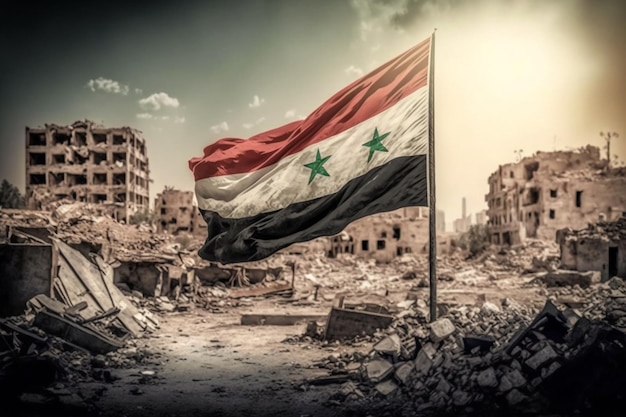 Die syrische Flagge weht nach der Tragödie der Zerstörung der Erdbebenruinen über dem Staat