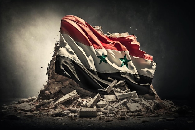 Die syrische Flagge weht nach der Tragödie der Zerstörung der Erdbebenruinen über dem Staat