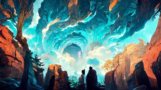 Die Szene in der Höhle am Ausgang ist eine 3D-Illustration aus Wald und Himmel