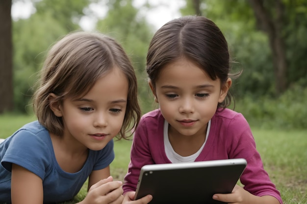 Die täglichen Abenteuer der Generation Alpha: Fesselnde Momente auf Tablet und Smartphone. Stockfoto