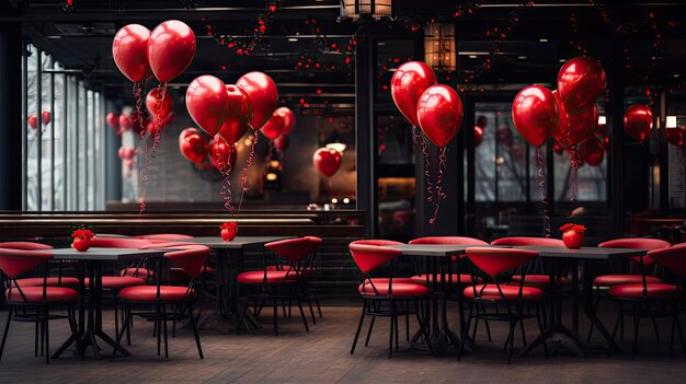 Die Tische im Café sind mit roten Ballons in Form eines Herzens für den Valentinstag geschmückt, die von KI generiert wurden.