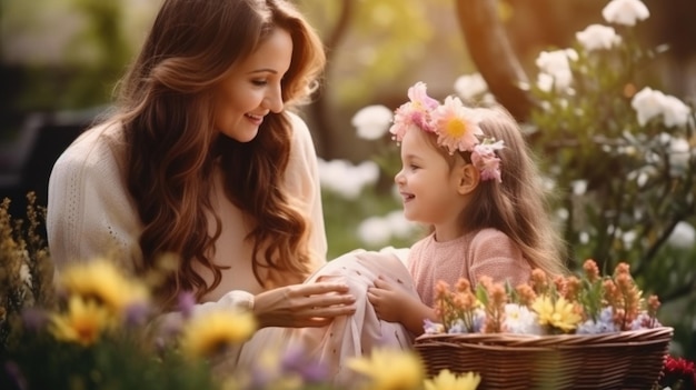 Die Tochter gratuliert ihrer Mutter und schenkt ihr einen Korb mit Frühlingsblumen