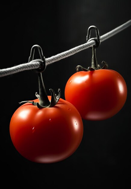 Foto die tomate hängt an zwei pfählen, ein paar tomaten hängen an einem draht.