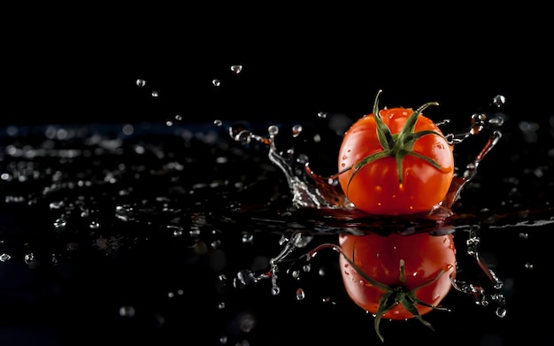 Die Tomate mit Tropfen steht auf dem schwarzen Hintergrund