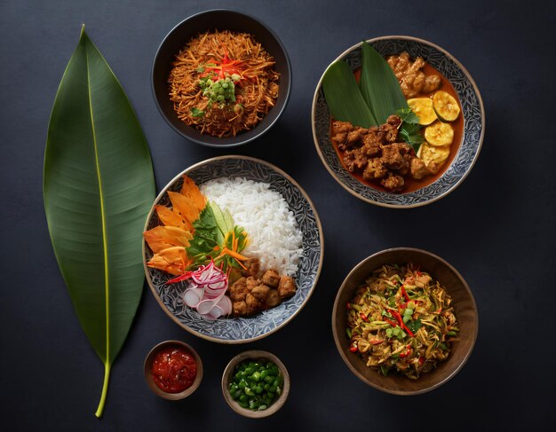 Die traditionelle indonesische Küche wird von dekorativen Blättern gegen einen dunklen Fass angeordnet.