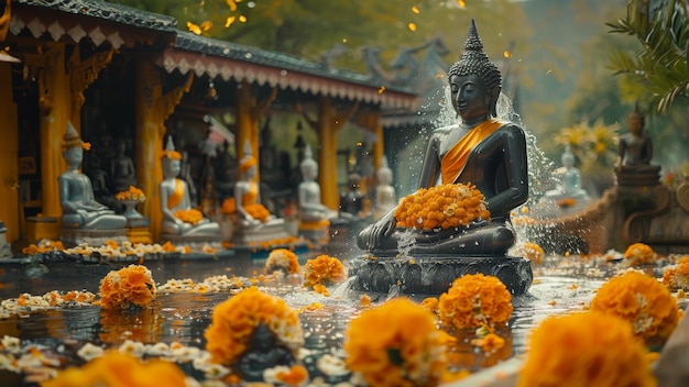 Die traditionelle Seite von Songkran, wo sich die Einheimischen versammeln, um Wasser über die Buddha-Statuen zu gießen