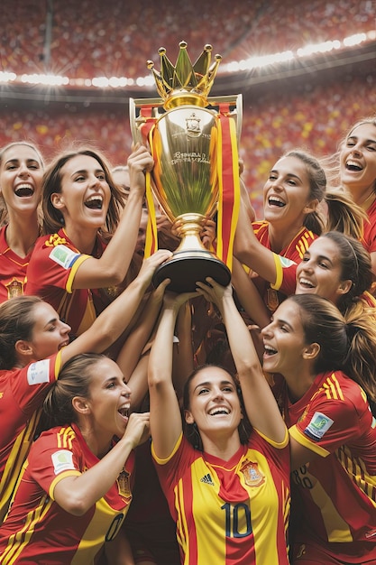 Die triumphierende spanische Frauenfußballmannschaft feiert in ikonischem Rot und Gelb