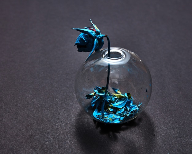 Die trockene Rose ist mit blauer Farbe in einer runden Glasvase mit blauen Blütenblättern am Boden auf schwarzem Papierhintergrund gemalt.