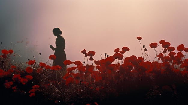 Die trübe Silhouette eines einzigen Mohnbaums auf einem roten Feld