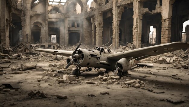 Foto die trümmer des flugzeugs lagen nach dem krieg über die landschaft verstreut.