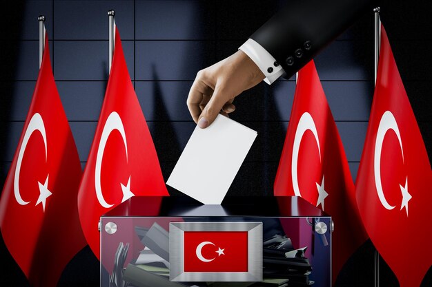 Die Türkei kennzeichnet die Hand, die die Stimmkarte in eine 3D-Darstellung des Abstimmungskonzepts für Wahlen fallen lässt