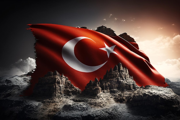 Die türkische Flagge über dem Staat nach der Katastrophe der Zerstörung der Erdbebenruinen