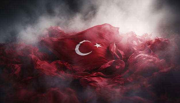 Foto die türkische flagge weht im rauch