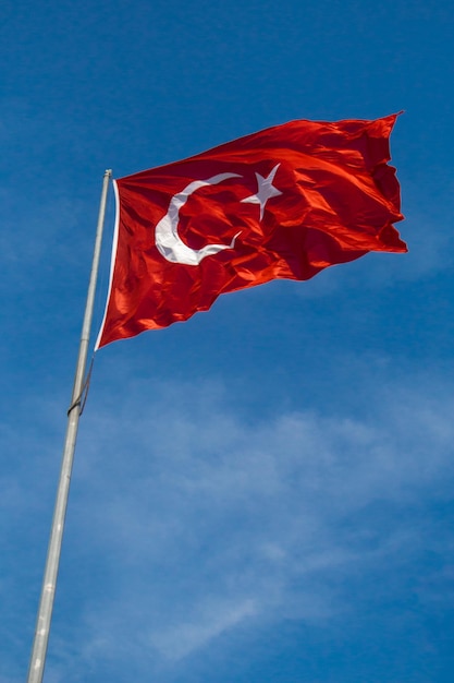 Die türkische Nationalflagge hängt im Freien an einem Pfahl