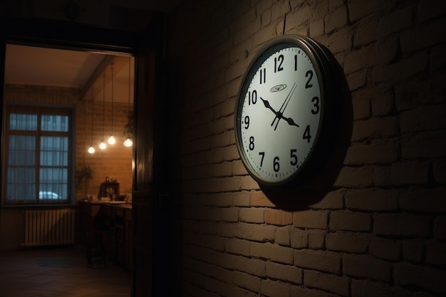 Die Uhr an der Backsteinwand des Raumes zeigt vier Uhr morgens, die Balkenuhr der Generation of AI