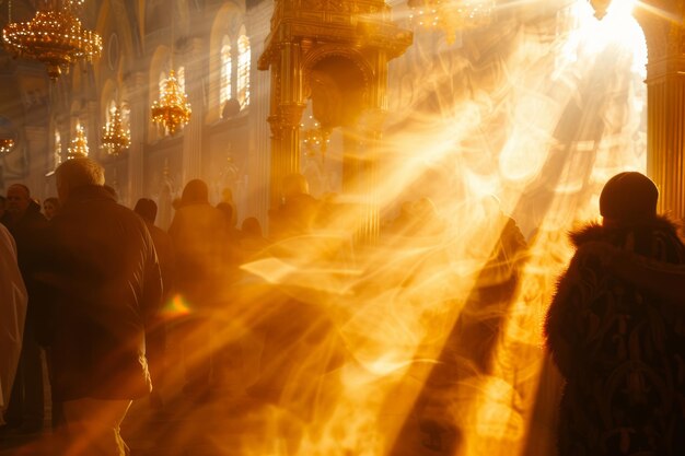 Die Ukrainer feiern das orthodoxe Ostern in der Nähe der Kirche im Mai mit gelben und goldenen Linsen.