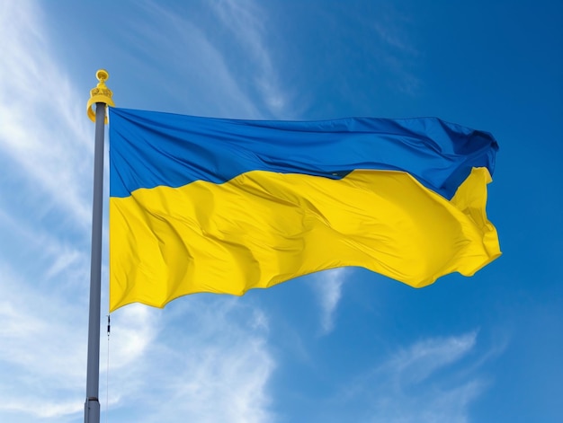 Die ukrainische Flagge schwebt am blauen Himmel