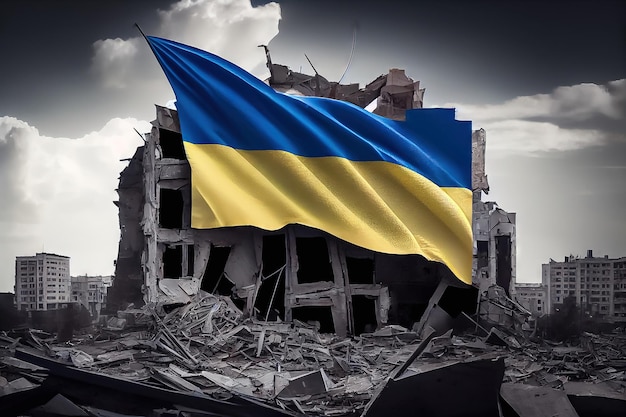 Die ukrainische Flagge vor dem Hintergrund der Gebäuderuinen Generative KI