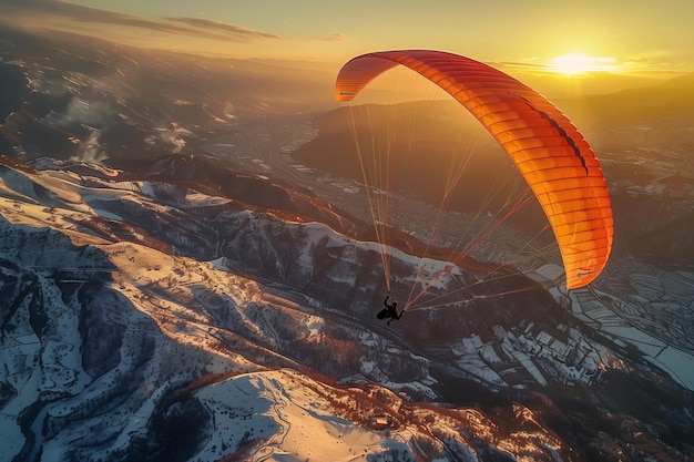 Die untergehende Sonne wirft einen feurigen Glanz auf ein Paraglider über eisigem Gelände und schlängelnden Flüssen, die von KI generiert wurden