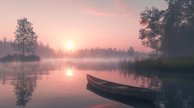 Die untergehende Sonne wirft einen rosa Farbton auf den See, die Bäume und ein einsames Kanu, das Wasser ist still und ruhig und spiegelt den Himmel darüber wider.