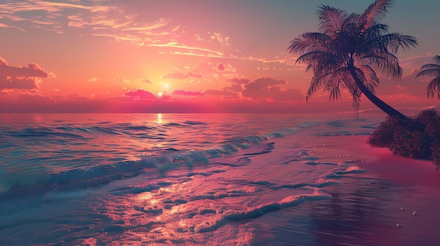Foto die untergehende sonne wirft einen warmen glanz über den strand, die wellen klopfen sanft an den ufer, die palmen sind silhouetten gegen den himmel.