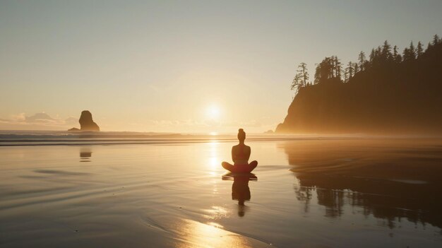 Die untergehende Sonne wirft einen warmen Glanz über den Strand und die Frau sitzt in Meditation auf dem Sand