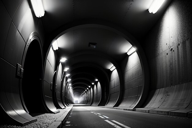 Die unterirdische Passage des Tunnels ist lang und weit entfernt mit einer Schießszene im Schwarz-Weiß-Stil