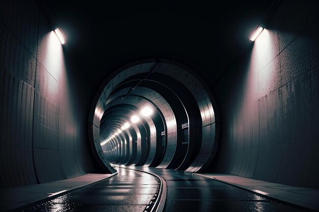 Foto die unterirdische passage des tunnels ist lang und weit entfernt mit einer schießszene im schwarz-weiß-stil