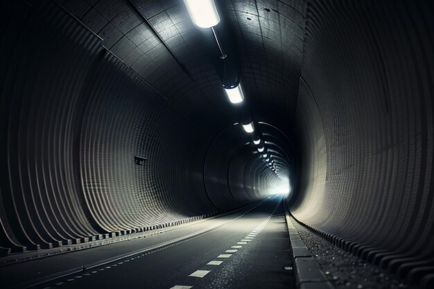 Foto die unterirdische passage des tunnels ist lang und weit entfernt mit einer schießszene im schwarz-weiß-stil