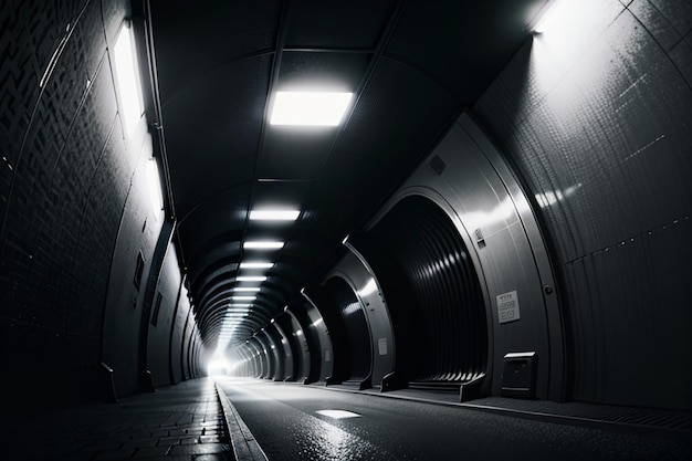 Die unterirdische Passage des Tunnels ist lang und weit entfernt mit einer Schießszene im Schwarz-Weiß-Stil