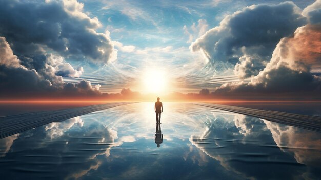 Foto die verschmelzung der realität mit dem göttlichen reflektierenden becken verwandelt den menschen in ein himmlisches wesen