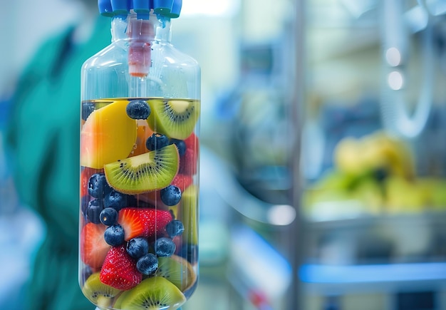 Die Verschmelzung von Natur und Wissenschaft farbenfrohe Früchte, die in modernem Laborglaswerk aufgehängt sind, symbolisieren Innovation in der Ernährung