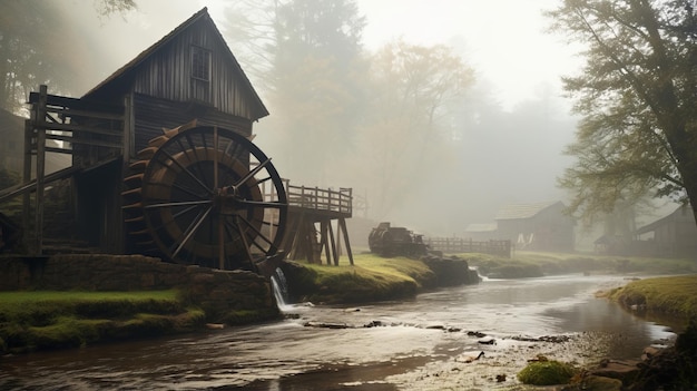 Die verzauberte Mühle fesselt 169 Blick auf einen nebligen Fluss und ein ruhiges Wasserrad in einer mystischen Su