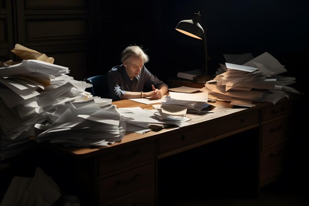 Foto die vielen zerknitterten papiere auf dem schreibtisch eines gestressten männlichen arbeitsplatzes. ein neuronales netzwerk, das von der ki erzeugt wurde