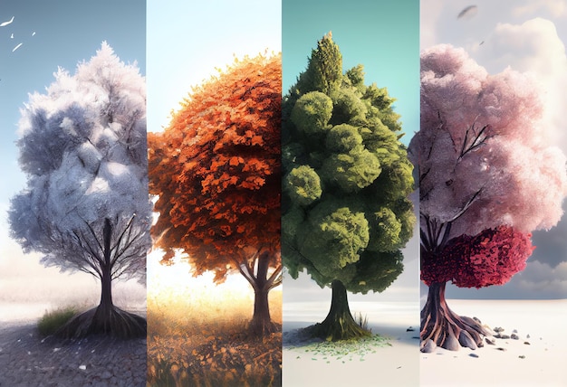 Die vier zeitlichen Jahreszeiten in einem Baum, grün, Frühling, Sommer, Herbst, Schnee, Winter, ein Gesicht, ein Rahmen, Naturkonzept und Hintergrund