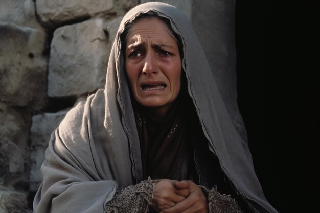 Die vom Krieg niedergeschlagene Person ist abgemagert, sein Gesicht drückt Trauer aus, seine Kleidung ist altersschwach. Opfer eines Kriegs, Völkermord, Kriegskrise, Konflikt