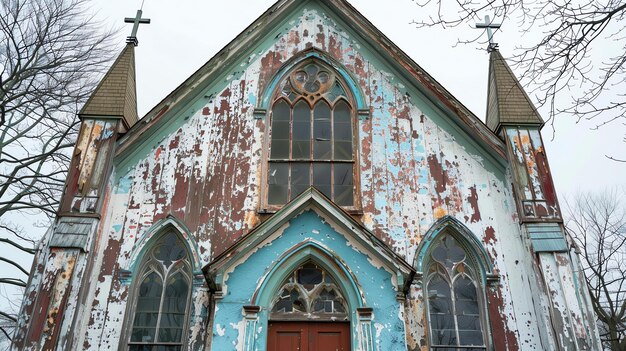 Foto die vorderseite einer alten holzkirche mit blauer und grüner peelingfarbe