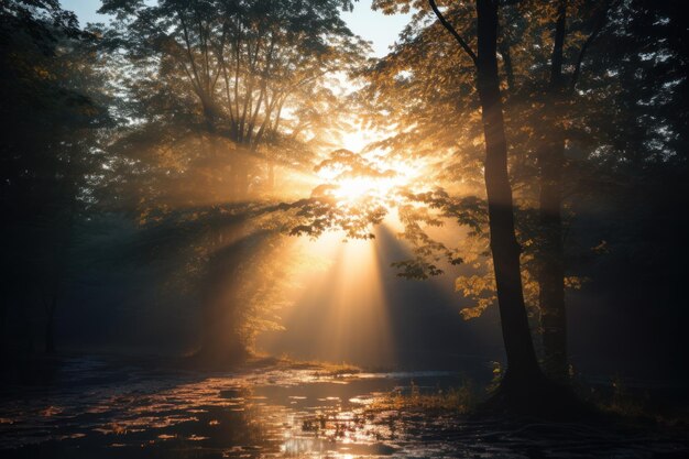 Die Wärme der Sonne scheint durch die Bäume, während die Sonnenstrahlen durch den Nebel brechen