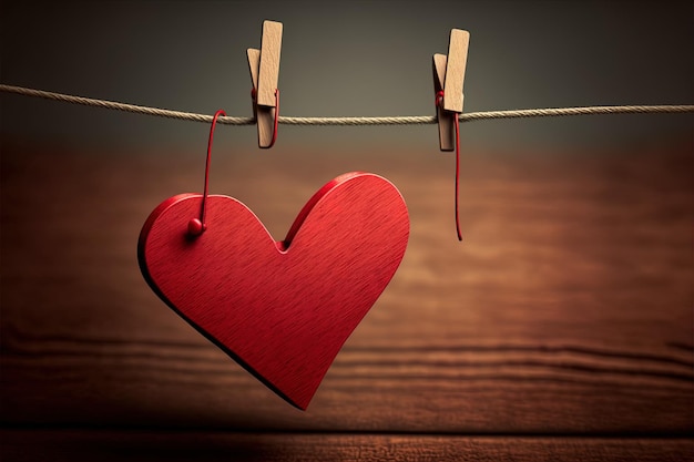 Die Wäscheklammer dient als Seil, an dem rote Valentinstagskarten mit Herz aus Papier angeschnürt sind