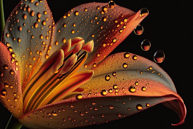 Die Wasserfeuer-Kombination, die der Tau auf einer leuchtend orangefarbenen Lilie und gelben Blütenblättern erzeugt hat, hat mich in Brand gesetzt