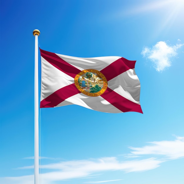 Die wehende Flagge Floridas ist ein Bundesstaat der Vereinigten Staaten am Fahnenmast mit Himmelshintergrund